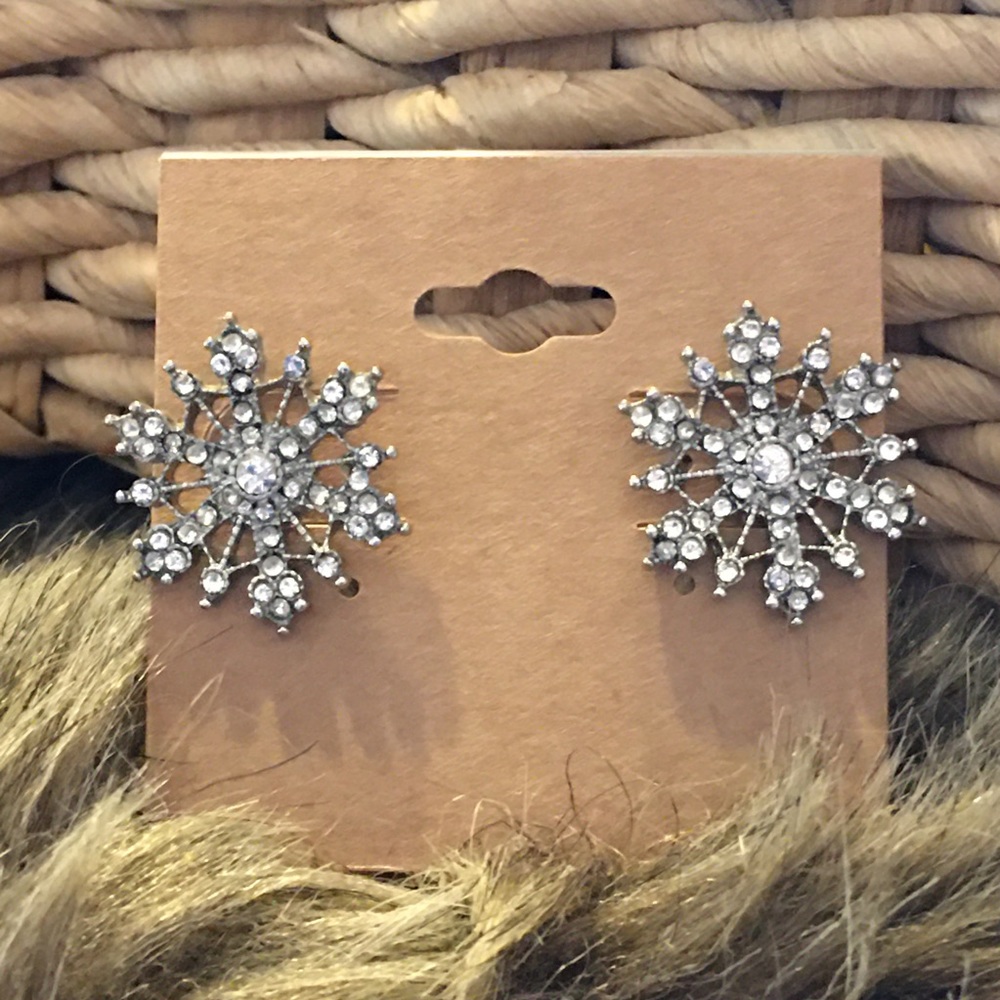 Vintage silver plate rhinestone snowflake earrings